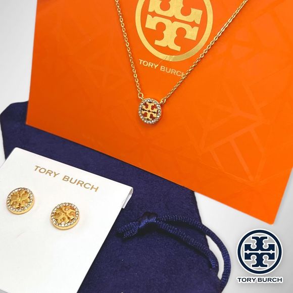NWT Tory Burch Miller Pavé Logo Set - 18k Gold Plated Necklace & Earrings $196 - Picture 5 of 12